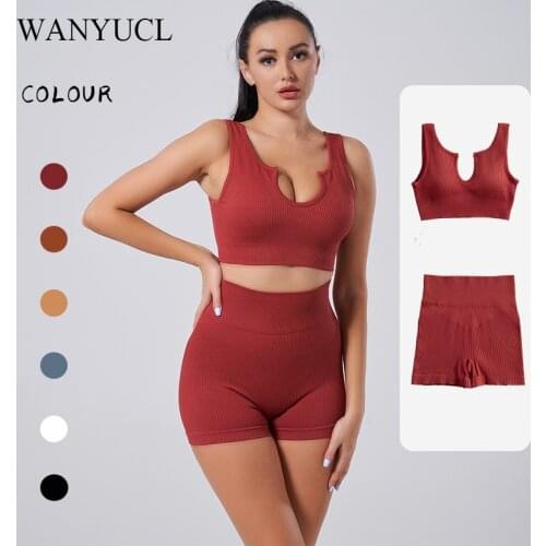 WANYUCL two-piece Woman Set Seamless Knitting Sexy Gym Sport Workout Running Sports Short Bra Yoga Suit Tracksuit U-neck Fitness