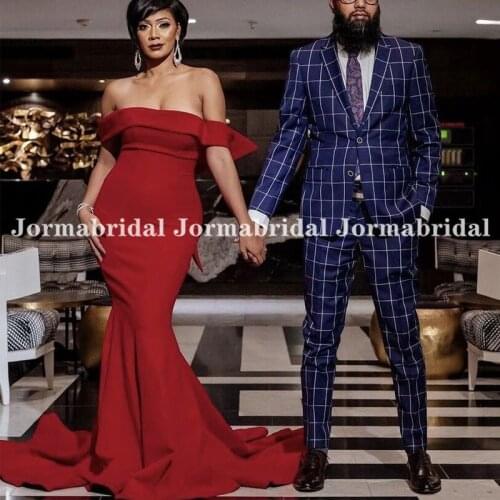 Off The Shoulder Mermaid Evening Dresses With Bow Long Ruffles Back Sexy Red Satin Formal Prom Dress Robe De Soirée De Mariage