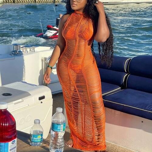 Hirigin Sexy Women Long Knitted Dress Halter Backless V Neck Floor Length Crochet Dresses Hollow Out Bodycon Crochet Beach Dress