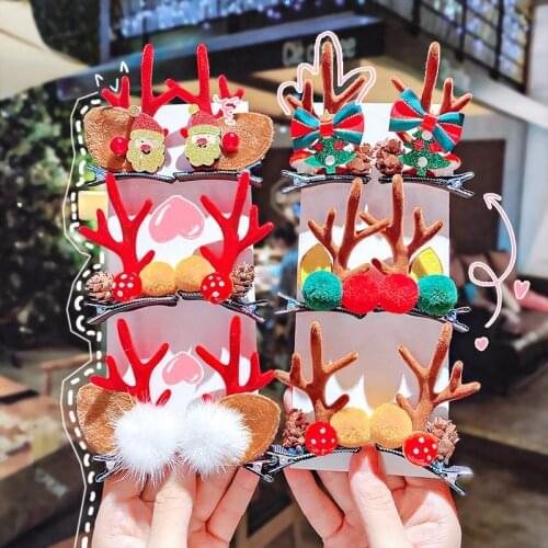 1Pair New Girls Cute Christmas Cartoon Antlers Hairball Hair Clips Sweet Hair Ornament Headband Hairpin Fashion Hair Accessories