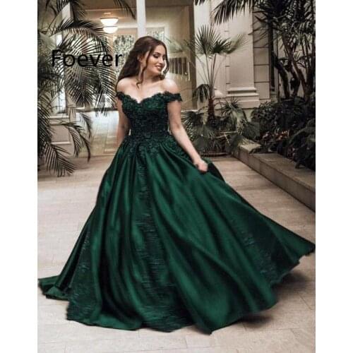 2019 Arabic Elegant Dark Green Satin Evening Dresses Formal Off Shoulders Appliqued Sequined Long Pageant Prom Gowns Custom Made