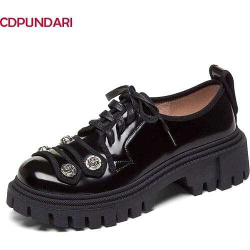 2021 Fashion Popular Lace up Black Genuine Leather Flat Platform Loafers Women Spring Summer Luxury Casual Flats Chunky Shoes