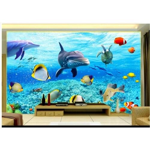 3D wall murals wallpaper custom picture mural wall paper 3D Underwater World Dolphin TV Wall Decorative Painting wall decoration