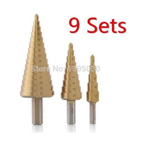 9 Sets HSS Steel Spiral Grooved Cone Step Drill Drills Bit 4mm To 12mm 20mm 32mm Hole Cut Tool Set