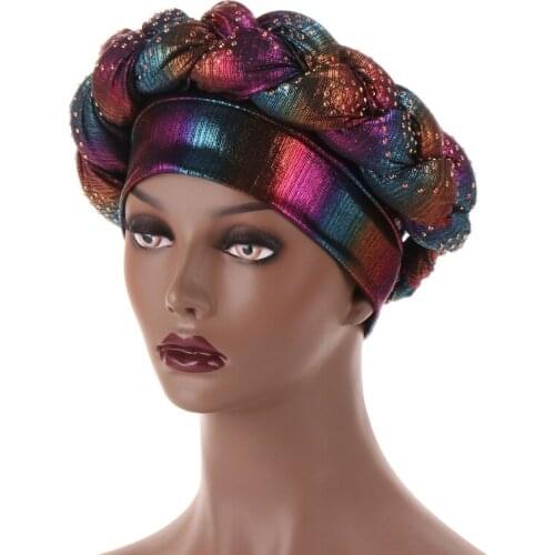 Africa Style Head Cover Women Turban Twisted Beaded Braid Chemical Cancer Head Scarf Lustrous Hair Care Cap