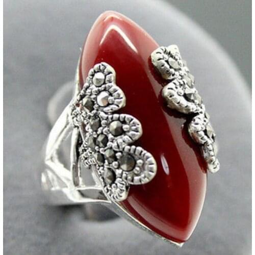 Free shipping wholesale Beautiful Marcasite 925 red Natural jade jewelry sterling silver ring size 7-10