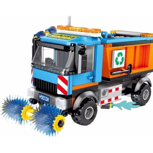 City Street View Technolog Sweeping Sanitation Garbage Truck Assembled Building Block Cleaning Car Children Educational Toy