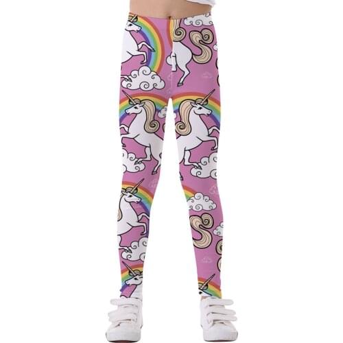 Kids Girls Dance Gym Fitness Running Sport Leggings Pants High Waist Cartoon Rainbow Horse Print Stretchy Crop Legging Trousers