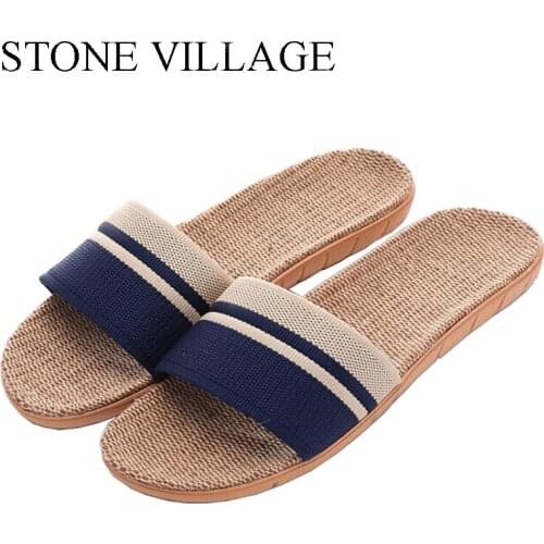 STONE VILLAGE Cotton And Linen Home Slippers Wooden Floor Non-Slip Indoor Shoes Muted Striped Cool Men Women Slippers