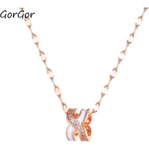 GorGor Necklace Women Stainless Steel Letter X Mosaic Zirconia Hollow Out Pendant Rose Gold Plated Simplicity Jewelry TX-007