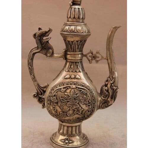 China White Copper Silver Dragon Flower Teapot Flagon Wine pot