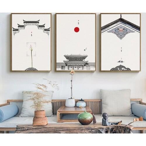 Chinese style Classical Architecture Lotus Red Sun Wall Art Canvas Painting Posters And Prints Wall Pictures For Living Room