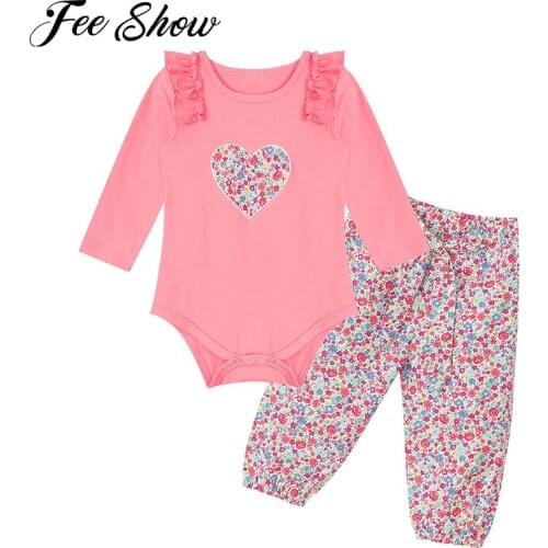 Newborn Baby Girls Clothes Sets Autumn Infant Outfits Ruffles Heart Printed Romper Tops Flower Pants Cute 2Pcs Toddler Clothing