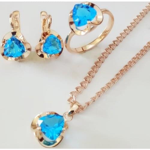 New Fashion Office Style 585 Rose Gold Color Women Jewelry Set Blue Cubic Zirconia Earring/Necklace/Ring Sets