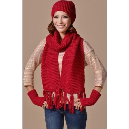 New Fashion Woman Warm Woolen Scarf Glove Hats Beanie Set Solid Color Ladies Winter 3 Piece Set Women 2019 Bonnet Fille Hiver