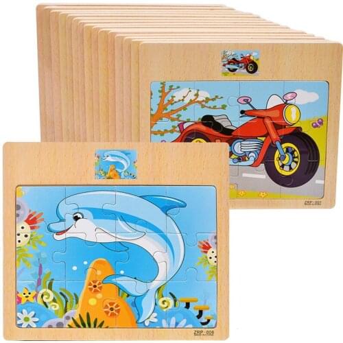 2017 New 12-piece Wooden Jigsaw Puzzle Animal Vehicle Cartoon Kids Educational Puzzles Toys for Children