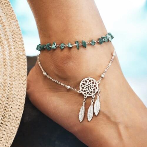Anklets Jewelry For Women Hollow Dreamcatcher Pendants Silver Color Beads Chain Feather Tassel Ankle Bracelet Foot Accessories