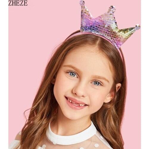 10Pcs/Lot 2021 Rainbow Reversible Sequin Crown Hairbands For Girls Double-Sides Headband Handmade Hair Accesories For Children