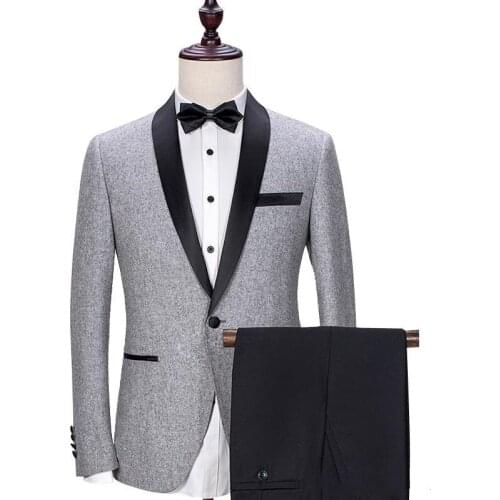 Gray Wedding Groom Tuxedos 2018 Black Shawl Lapel Trim Fit Mens Suits Custom Made Business Party Groomsmen Suit (Jacket + Pants)