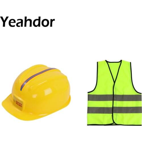 Construction Engineer Costume Kids Simulation Worker Cosplay Engineering Hat and Reflective Safety Vest for Party Pretend Toys