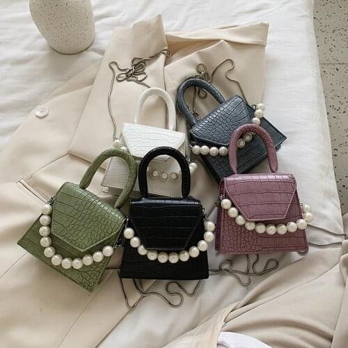 Women Crossbody Bag Travel Handbag Pearl Handle Mini Design Stone Pattern PU Cute Leather Shoulder Bags for Womens