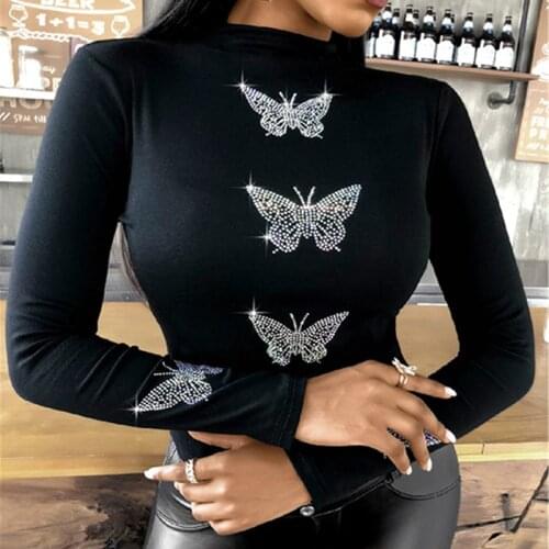 Women Sexy Skinny Top T-shirts Off Shoulder Butterfly Pattern Rhinestone T-shirts Studded Top Gothic Clothes Women Top