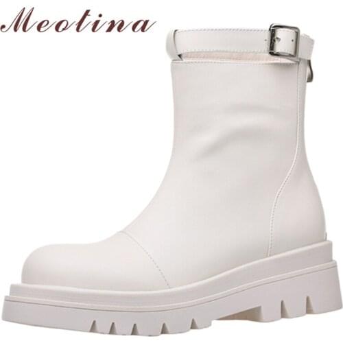 Meotina Women Genuine Leather Ankle Boots Platform Flat Fashion Boots Round Toe Buckle Zipper Ladies Boots Autumn Winter Black