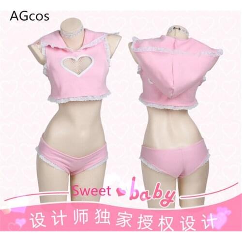 AGCOS Sweetheart Baby Sexy Cosplay Angel Girl Pink Summer Swimsuits Woman Lovely Sets Lingeries Underpants Top+Shorts