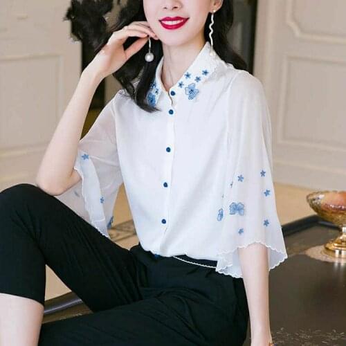 Womens Spring Summer Style Chiffon Blouses Shirt Womens Turn-down Collar Button Half Sleeve Printed Korean Tops SP266