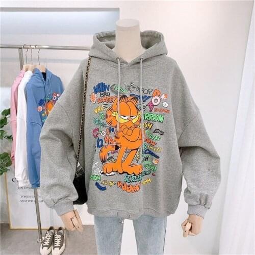 Sweater Women Spring and Autumn Thin 2021 Cartoon Cat Printing Hoodie Student Loose Sweatshirt All Match Pullover Top