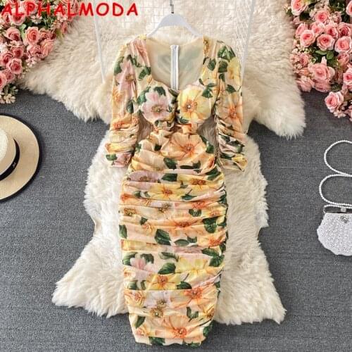 ALPHALMODA 2021 Summer Women Floral Printed Gauze Dress Square Collar Pleated Slim Ladies Elegant Dress