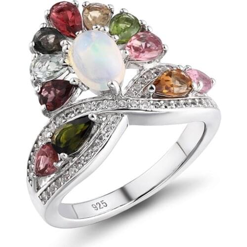 GZ ZONGFA New Arrival Natural Opals Tourmaline Gem 925 Sterling Silver Rings Women Silver Jewelry