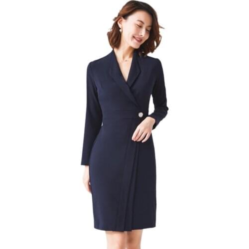 Fashion Women Dress Navy Blue Office Ladies Clothes Long Sleeve OL Style Work Wear Spring Fall