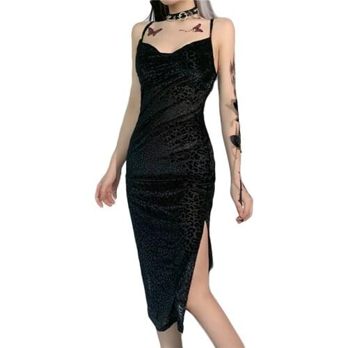 Female Split Dress Leopard Print U-Neck Spaghetti Strap One-Piece Close-Fitting Sundress for Summer Black S/M/L