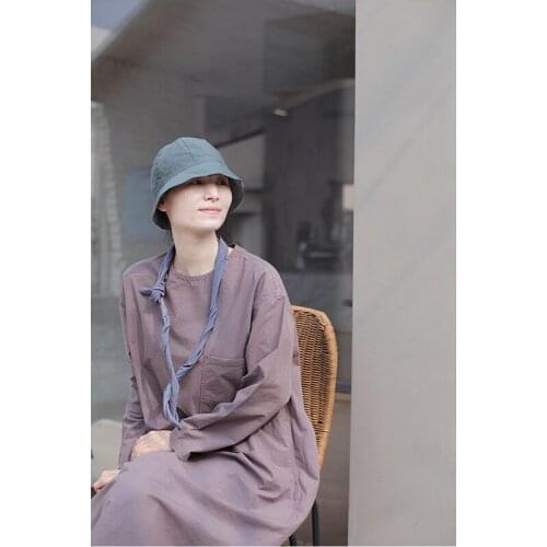 2021 autumn pure cotton round neck long sleeve large pocket hem split loose dress gown 0901-2