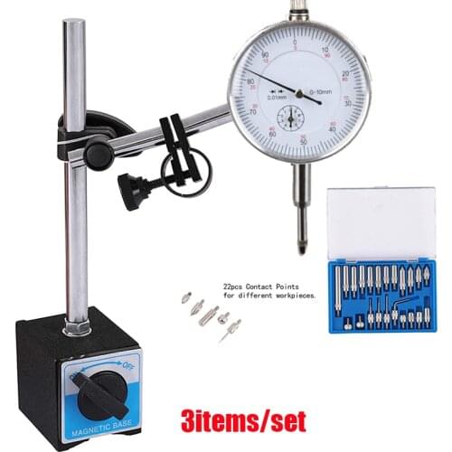 3pcs/set Dial Indicator with Magnetic Base Holder Fine Adjustable Long Arm 0-10mm Tester Gage Gauge 0.01mm