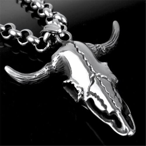 Stainless Steel Bull Head Mens Necklace Pendant Silver Color Cow Cattle Ox Bull Taurus Horns Tribal Animal Men Jewelry 24"
