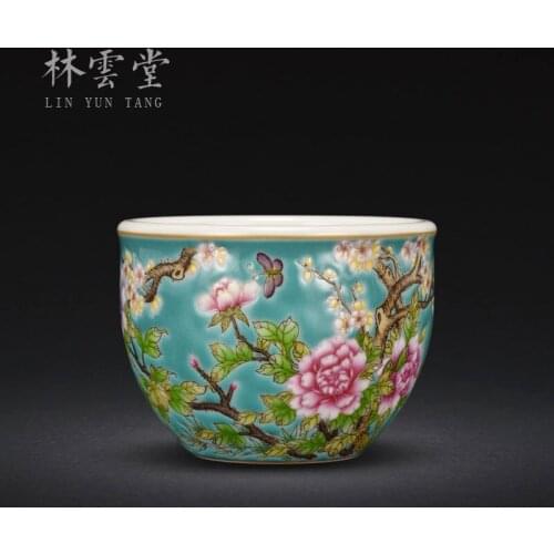 Cylinder cup hand-painted peony plum green colored enamel painting of flowers and birds painting of flowers and cups