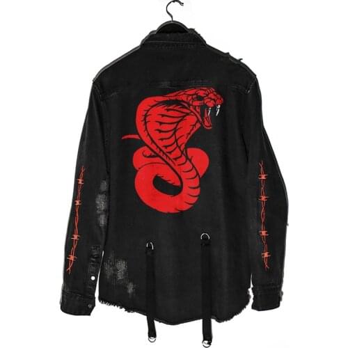Denim Jacket Men Gothic Skull Cobra Printed Embroidery Hole Ripped Streetwear Harajuku Hip Hop Rock Punk Vintage Jeans Jacket