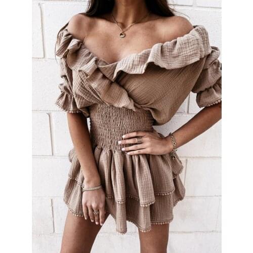 Brown Dress Lace V-Neck Strapless Ruffled Short-Sleeved Cotton Dress Mini Skirt Women Clothing Dresses for Party