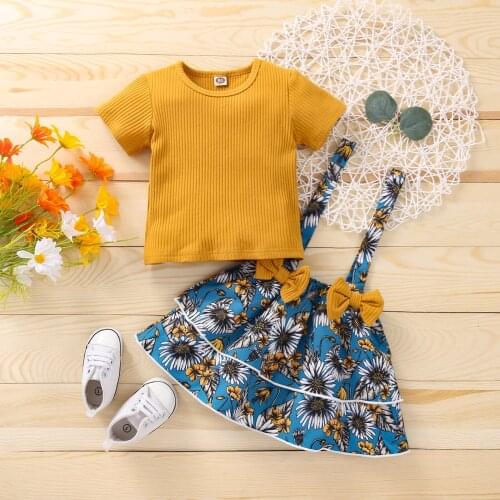 2Pcs Kids Summer Outfit, Solid Color Ribbed Short Sleeves T-Shirt + Floral Overalls Dress for Girls, 1-5 Years 2021 New Fashion