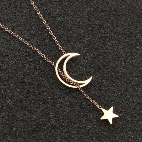 Hollow Moon Stars Titanium Steel Rose Gold-Plated Necklace Fashion Pentagram Clavicle Chain