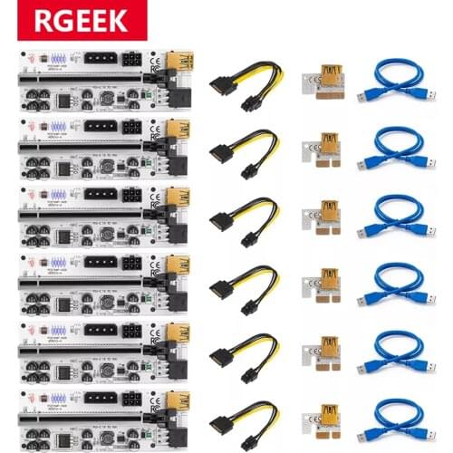 RGeek 6pcs Newest VER010 USB 3.0 PCI-E Riser PCI Express 1X 4x 8x 16x Extender Riser Adapter Card SATA 15pin to 6pin Power Cable
