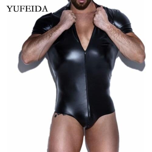 YUFEIDA Sexy Mens Underwear Faux Leather Bodysuit Wrestling Singlet Lingerie Boxers Gay Jumpsuits Leotard Undershirts Clubwear