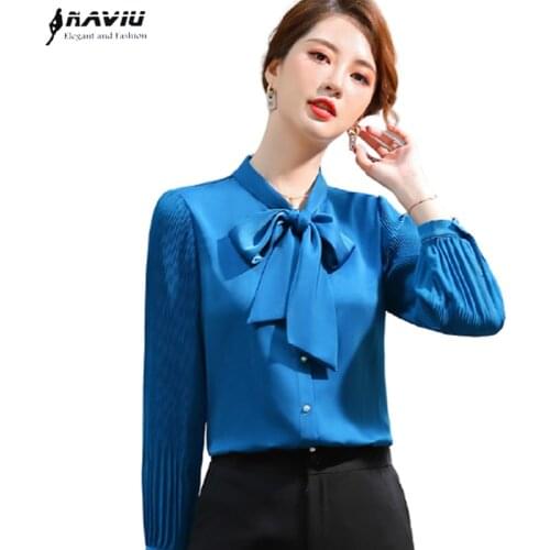 Silk Saitn Women Spring New Bow Fashion Temperament High End Elegant Formal Blouses Office Ladies Work Casual Tops