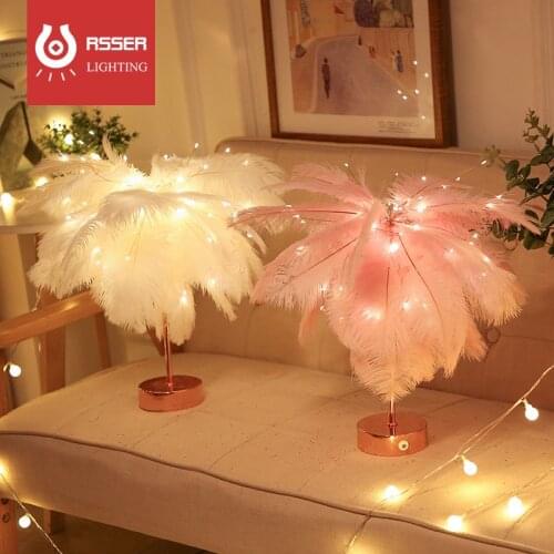 RSSER Nordic Feather Desk Lamp With Remote Controller Bedside Fairy Lamp USB Power For Living Room Party Wedding Decoration