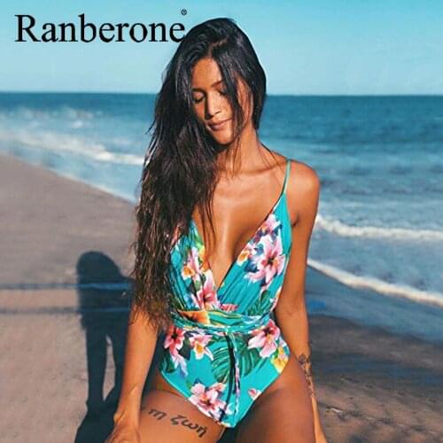 Retro Thong Women Sexy Bikini One Piece Swimsuit Print Floral High Waist Bodysuit Backless High Cut Swimwear Deep V Cut Monokini