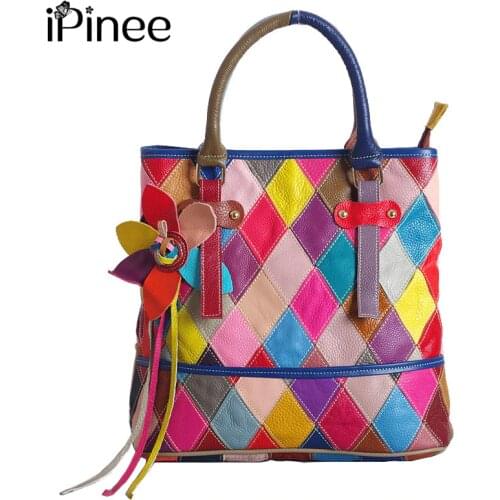 IPinee brand handbag women genuine leather bag female hobos shoulder bags high quality colorfully flower tote bag