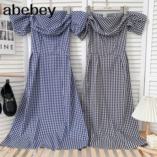 Vintage slash neck short sleeve Dress high waist pleated waist plaid print mid-length A-line Dress 2021 New Summer Women
