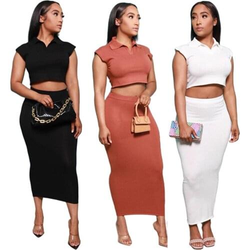 RStylish Sexy Solid Color Lapel Short Sleeve Crop Top Maxi Skirt 2021 Summer Streetwear Women 2 Piece Set